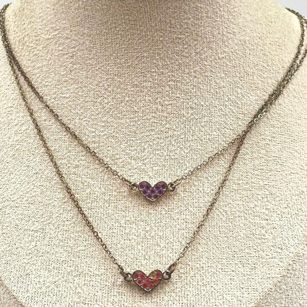 Vintage Gold Tone Double Strand Rhinestone Two Heart‎ Pendant Layer Necklace Y2K